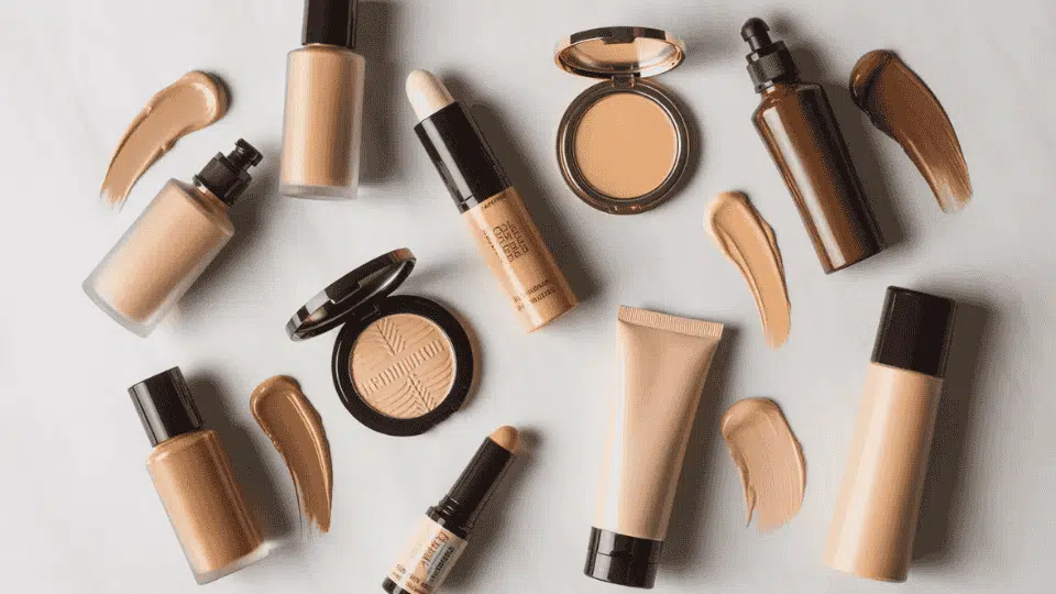 different types of foundation makeup products including liquid cream stick and powder foundation arranged on neutral background