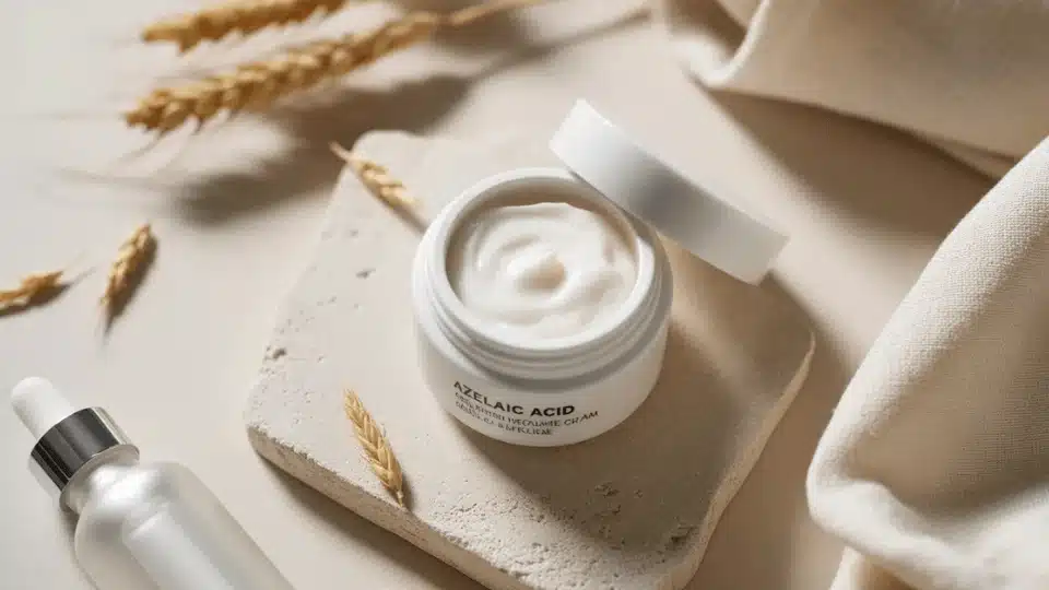 flat lay of azelaic acid cream jar on beige stone with wheat grains, dropper bottle, and soft natural light