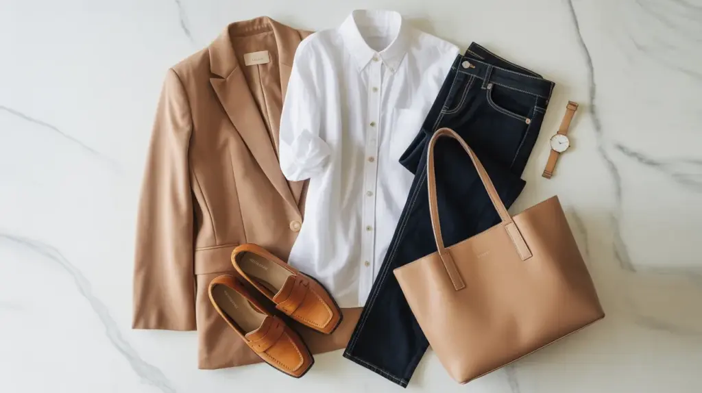 flat lay of camel blazer, white button down shirt, dark jeans, loafers, leather tote, and simple watch on marble surface