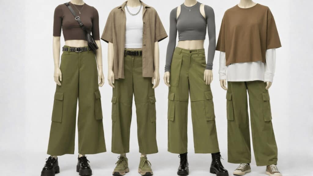 four mannequins wearing olive green wide leg cargo pants with brown, gray and white tops on white background (1)