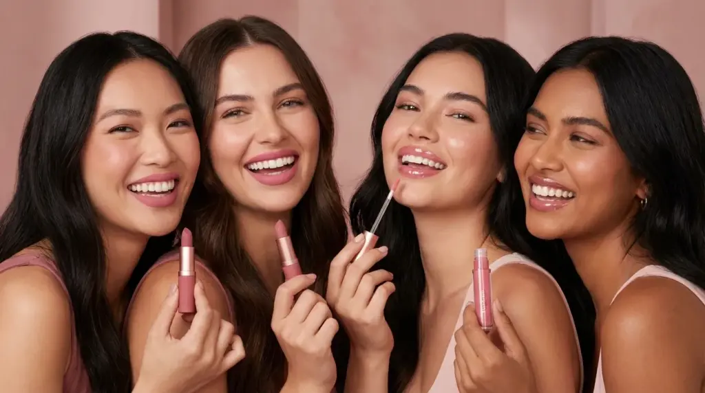 four women holding lipstick and lip gloss products, showcasing glossy and matte finishes against soft pink background