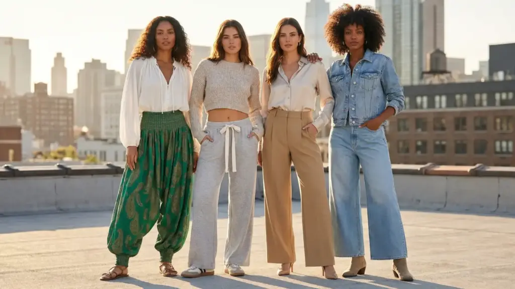 four women standing on a rooftop in various outfits including green paisley pants and a denim jacket with city views