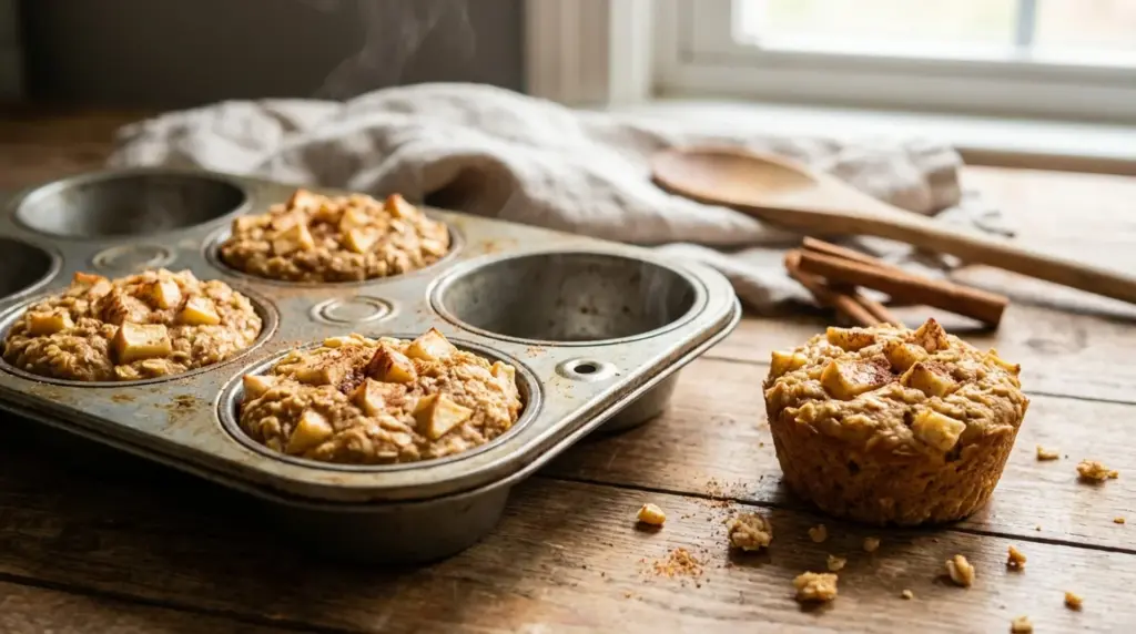 fresh baked apple oat muffins in metal muffin tin on rustic wooden table, with cinnamon sticks and wooden spoon nearby