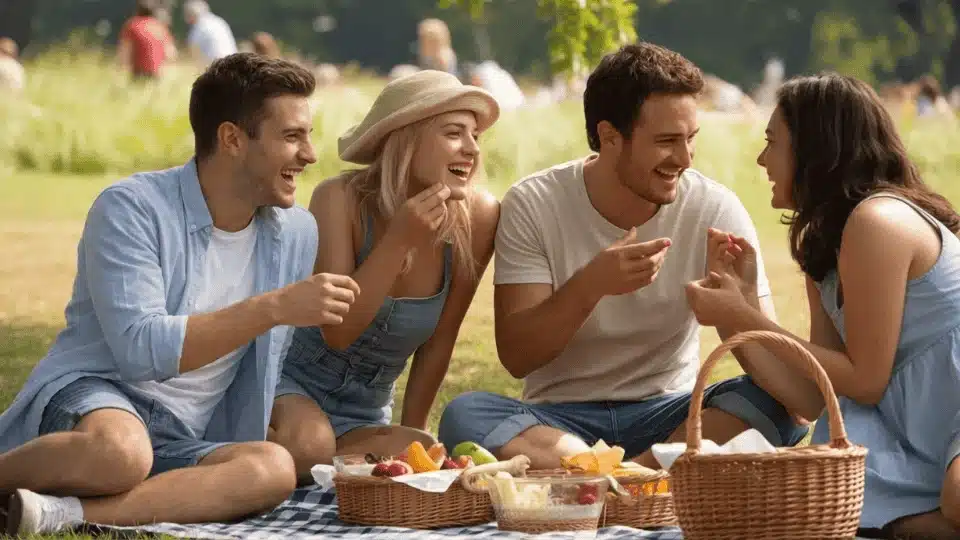friends hanging out together in a backyard or park laughing and enjoying snacks during a casual hangout
