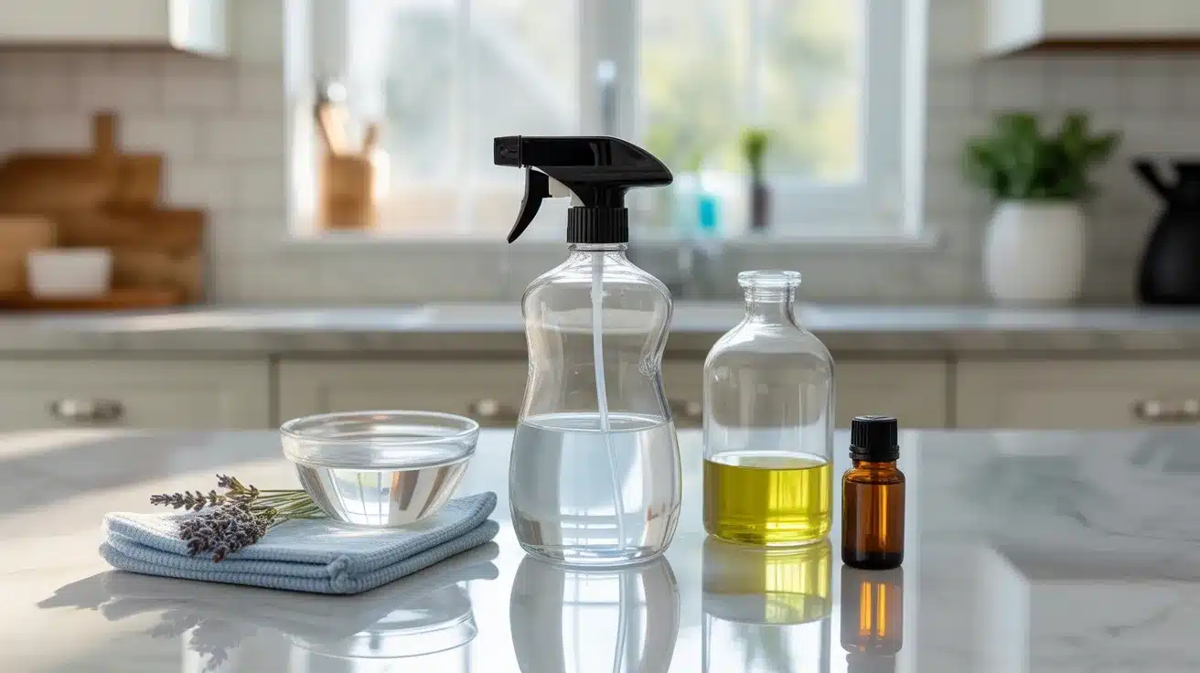 glass spray bottle with cleaning solution beside bowls of vinegar, oil, essential oil, and cloth on kitchen counter