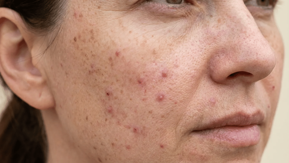 how to get rid of red spots on face with visible acne, redness, and textured skin on cheek close up