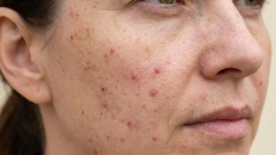 how to get rid of red spots on face with visible acne, redness, and textured skin on cheek close up