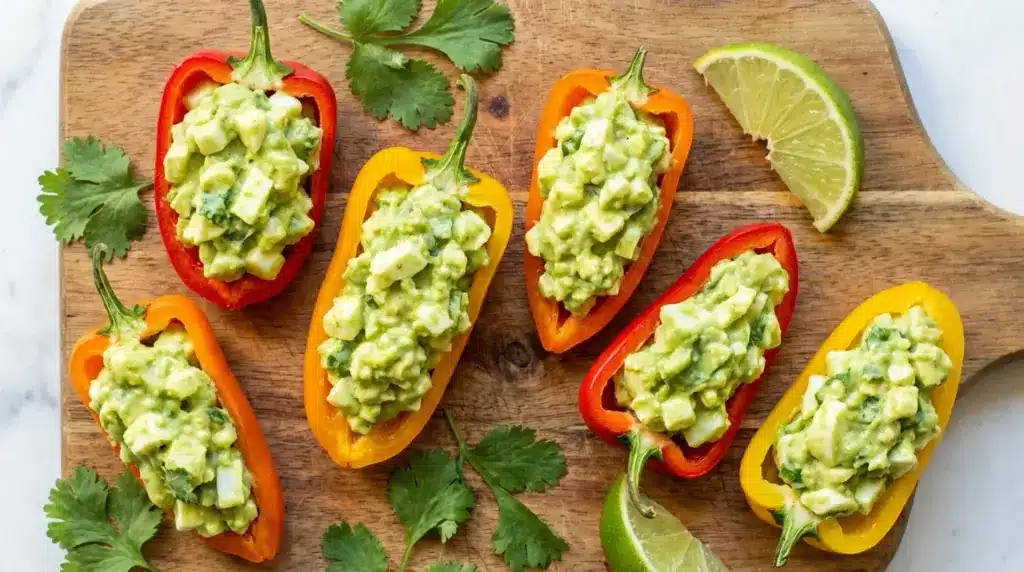 mini bell peppers filled with chunky avocado salad, topped with herbs, served with lime wedges on rustic wooden board