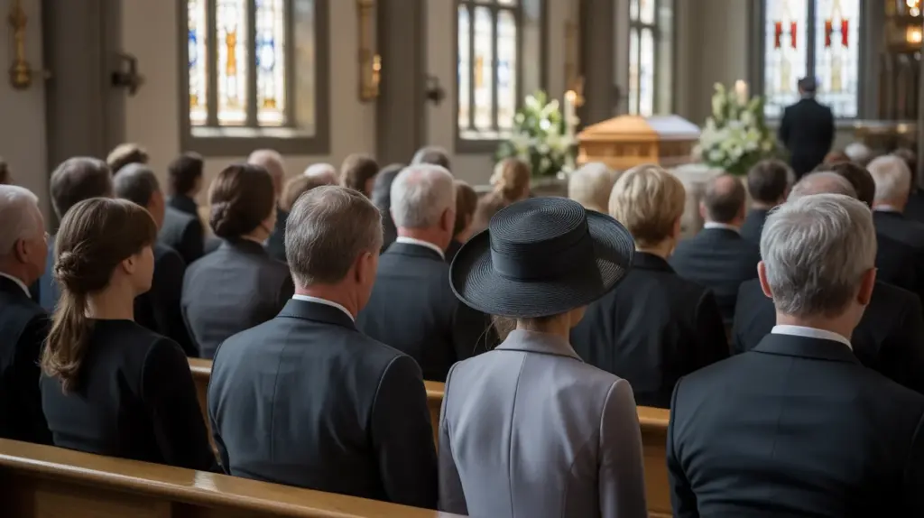 mourners dressed in dark formal clothing seated in church pews during funeral service with casket at front