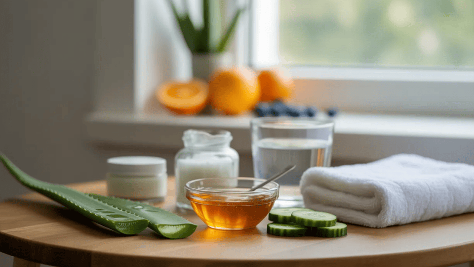 natural skincare setup with aloe vera, honey, cucumber, cream jars, water, and towel on wooden table by window