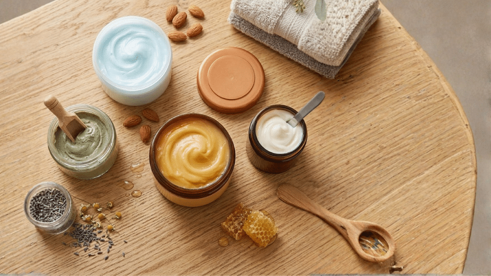 open jars of natural hair masks with creamy textures almonds honey lavender and folded towels on wooden table