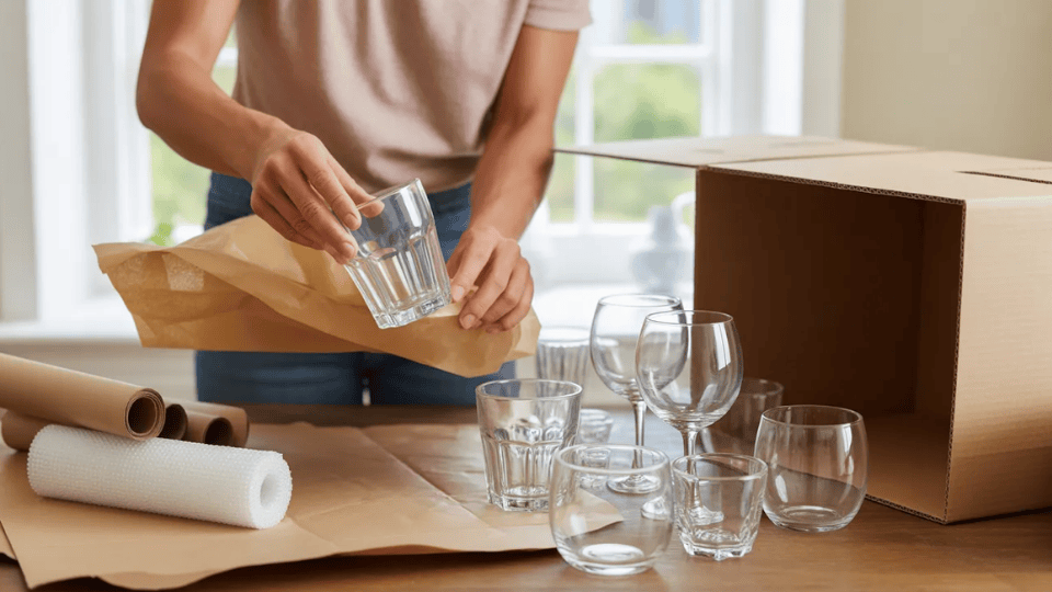 person wrapping drinking glasses with packing paper beside bubble wrap and a cardboard moving box while packing fragile kitchen glassware