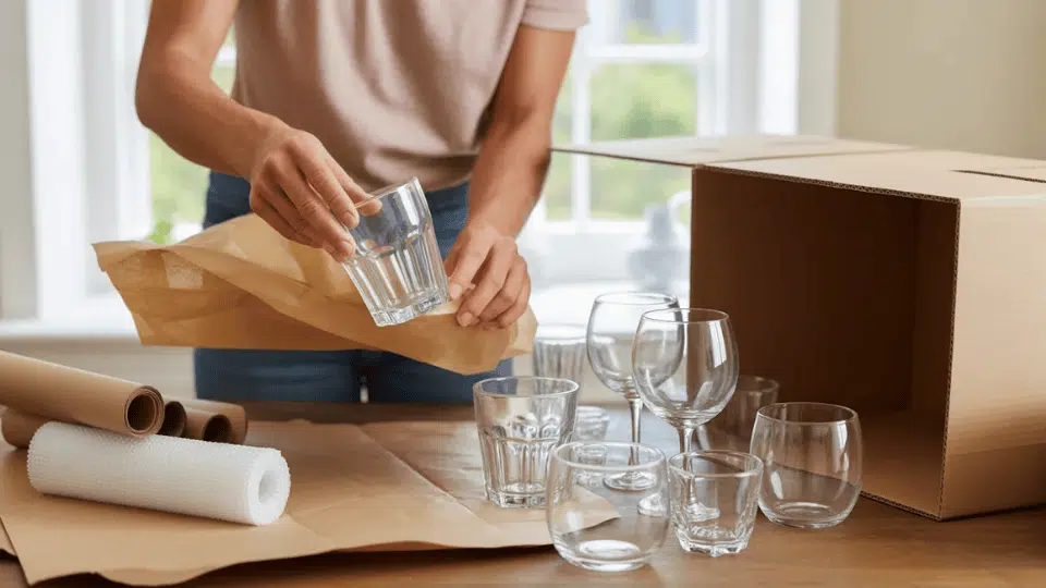 person wrapping drinking glasses with packing paper beside bubble wrap and a cardboard moving box while packing fragile kitchen glassware