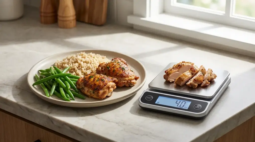 plate with grilled chicken, brown rice, green beans beside sliced chicken on digital kitchen scale showing four ounces