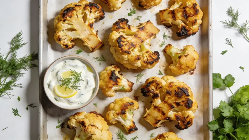 roasted cauliflower florets on baking tray, served with creamy herb dip, lemon slice, and fresh dill garnish