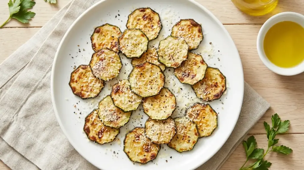 roasted zucchini slices topped with parmesan cheese and black pepper, served on plate with olive oil and parsley garnish