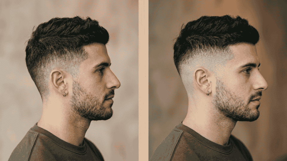 side by side comparison of mens taper haircut and fade haircut showing natural blend versus skin fade