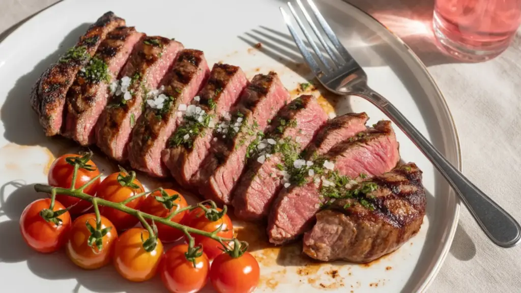 sliced flank steak with char marks topped with sea salt and herbs served with roasted cherry tomatoes on a white plate