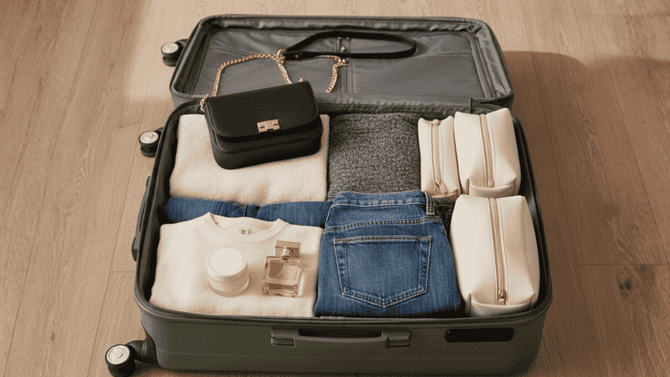 suitcase packed with sweaters, jeans, toiletries, and accessories arranged neatly for how to pack a suitcase efficiently