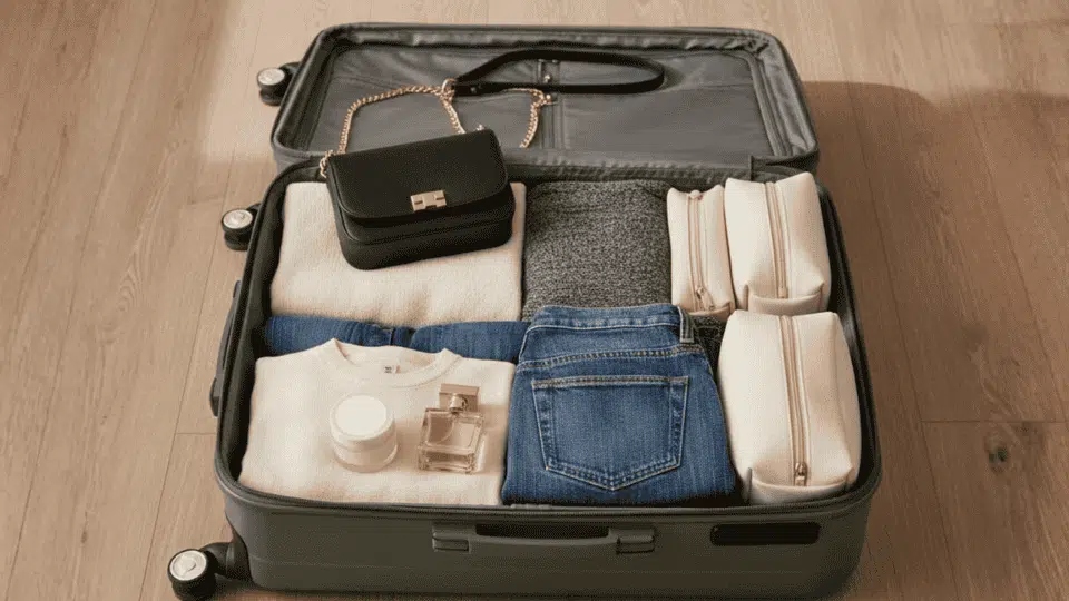 suitcase packed with sweaters, jeans, toiletries, and accessories arranged neatly for how to pack a suitcase efficiently