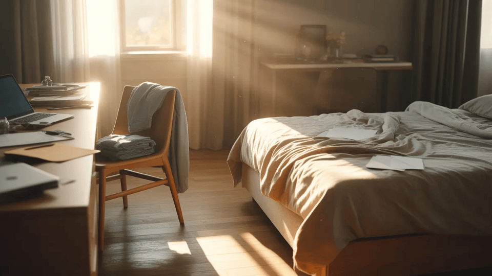 sunlit bedroom with slightly messy bed, papers, and desk items, showing a calm space ready to be cleaned and organized