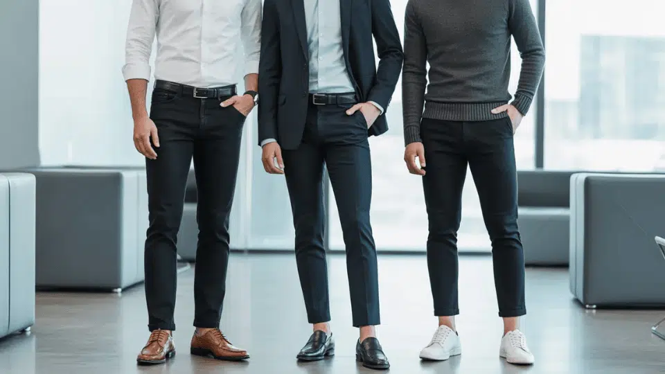 three men in black jeans styled with dress shirt, blazer, and sweater, showing different business casual outfits in a modern office setting