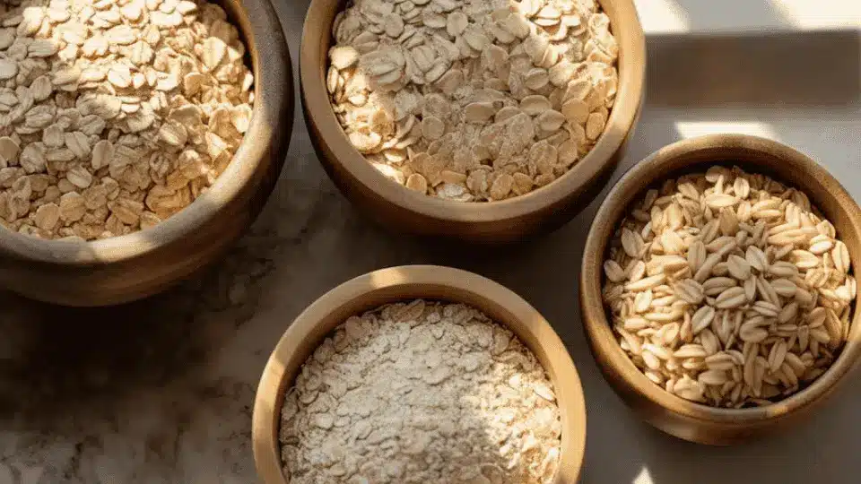 top view of four wooden bowls containing different types of oats like steel-cut, rolled, groats and instant oats