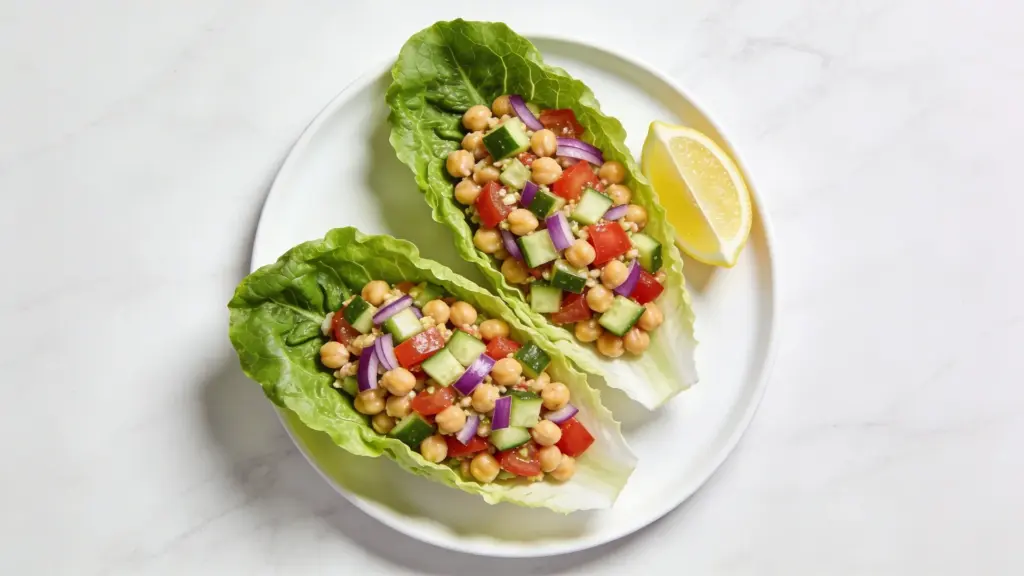 two romaine lettuce cups filled with chickpea salad, cucumber, tomato, and red onion, served on plate with lemon wedge