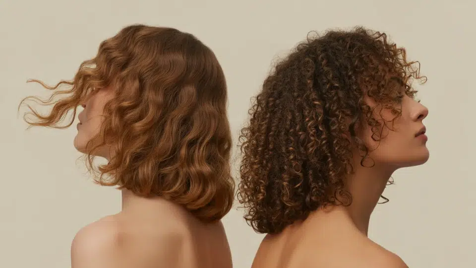 two women, one with wavy hair and one with curly hair, showing the difference between wavy vs curly hair