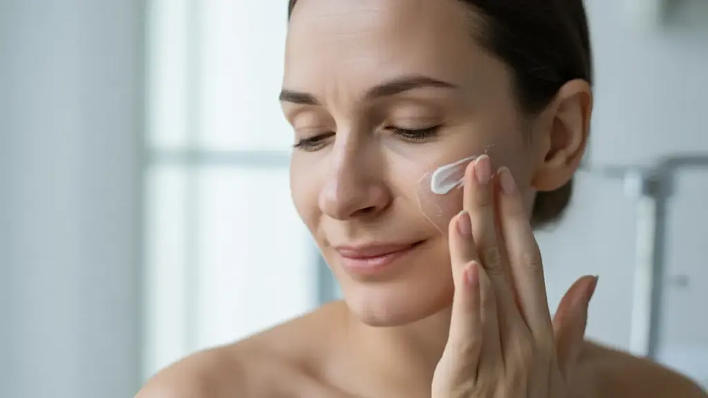 woman applying a white cerave cream to her cheek while looking down in a bright bathroom setting
