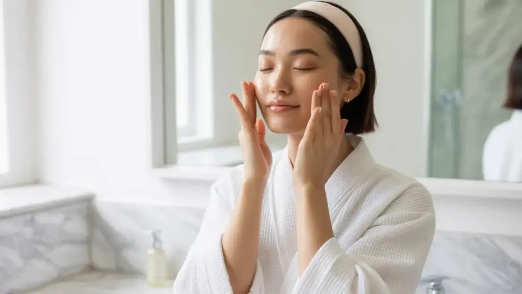 woman in a white bathrobe with eyes closed massaging her face to achieve a glowing glass skin look in a bright bathroom