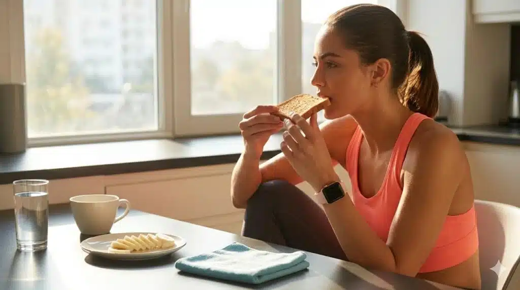 woman in athletic wear eating toast at kitchen table with water, coffee, and sliced butter in morning sunlight