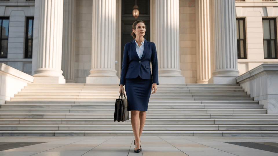 woman in navy skirt suit carrying briefcase walking up courthouse steps in professional court appropriate outfit