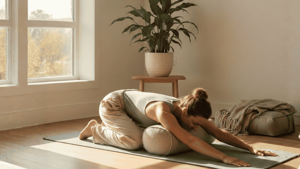 woman practicing Child’s Pose with a bolster in a sunlit room, creating a calm and supportive yoga space for back relief