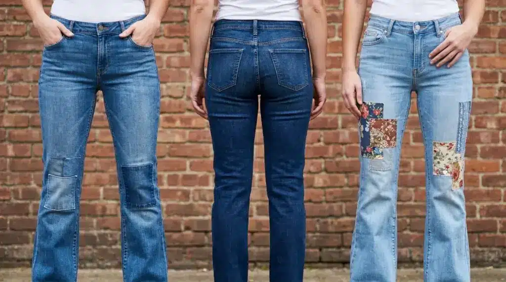 women wearing denim jeans with patchwork repairs on knees and thighs, showing decorative patches against brick wall