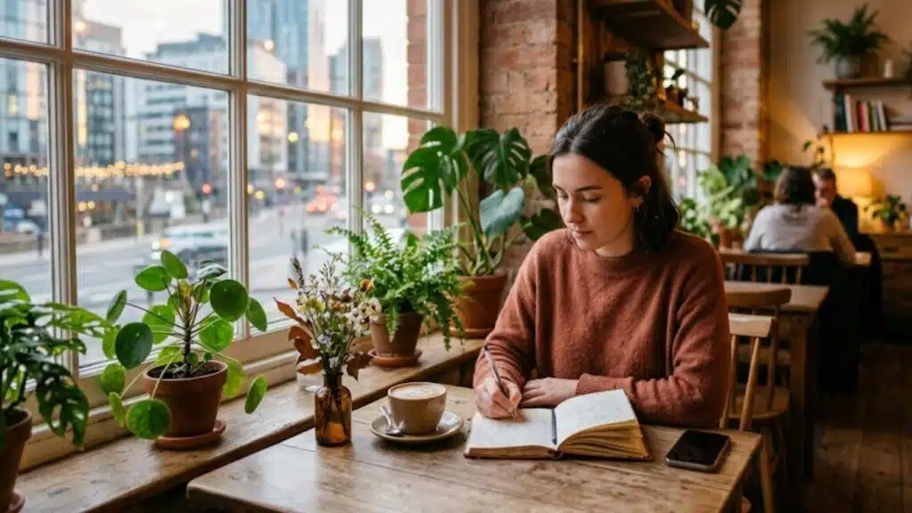young person writes in a notebook at a sunlit café window, surrounded by plants, coffee, and a city view