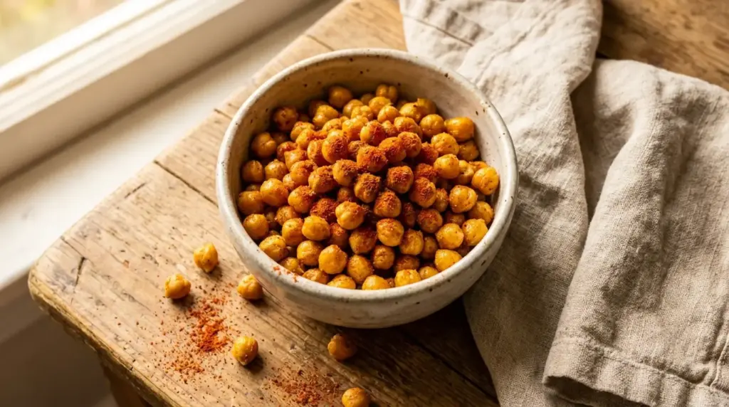 bowl of roasted chickpeas seasoned with spices on wooden table, paprika seasoning and rustic kitchen setting