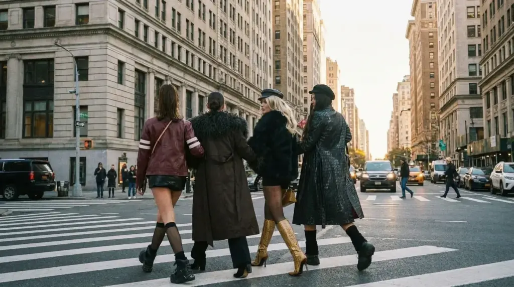 four stylish women crossing busy city street wearing leather jackets, coats, hats, and boots in traffic
