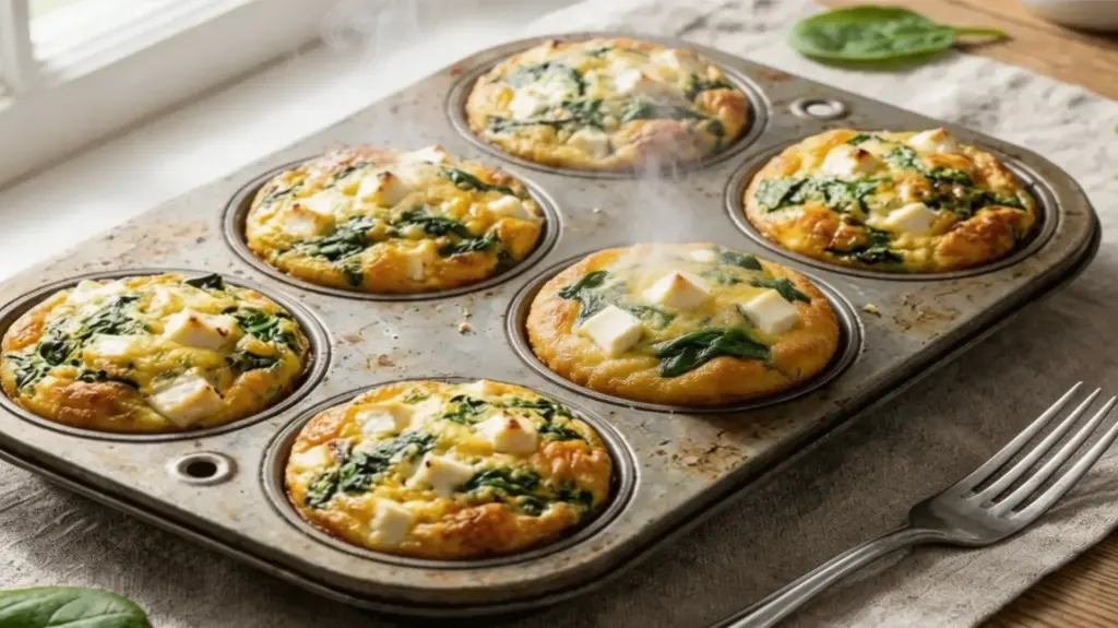 freshly baked spinach and feta egg muffins in a muffin tray, steaming and golden, showing a protein-rich breakfast snack