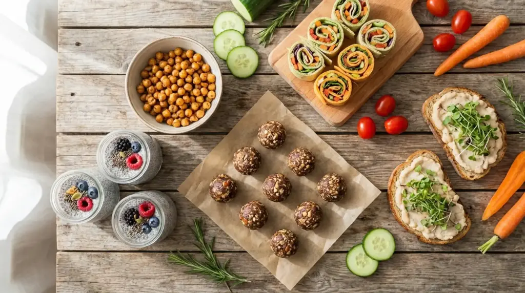 healthy snacks on wooden table including wrap pinwheels, white bean toast, energy balls, roasted chickpeas and vegetables