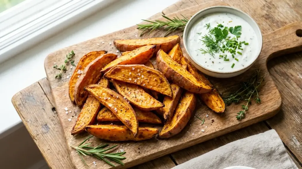 roasted sweet potato wedges seasoned with herbs and sea salt served on wooden board with dipping sauce and rosemary