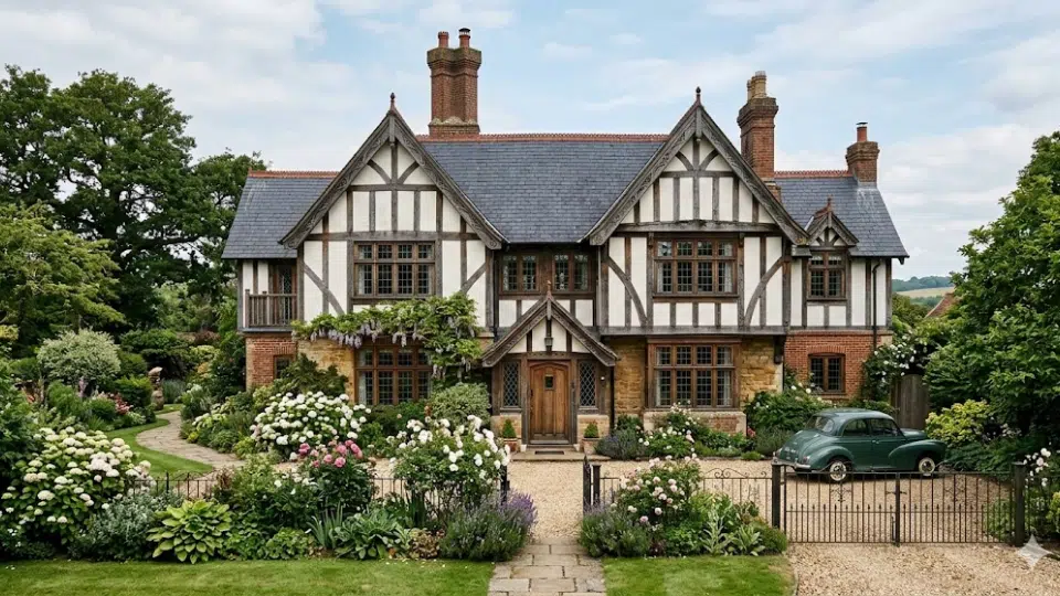 tudor house style home with half timber framing brick walls steep gables tall chimneys and landscaped garden front yard