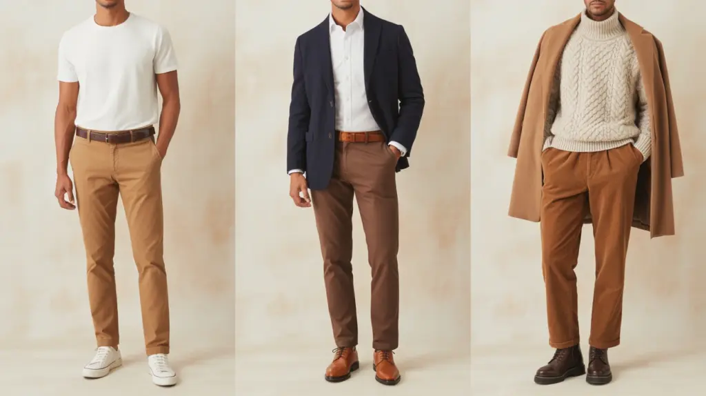 a collection of stylish men’s outfits with brown pants, including casual, smart-casual, and winter looks, showcasing various shades and textures