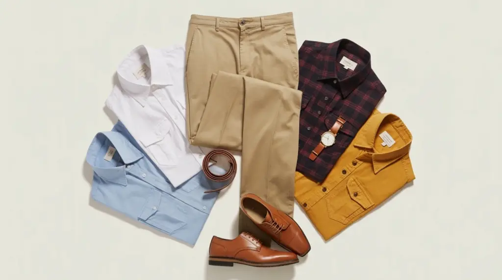a flat-lay of khaki pants paired with shirts in white light blue burgundy and mustard showcasing different fabrics