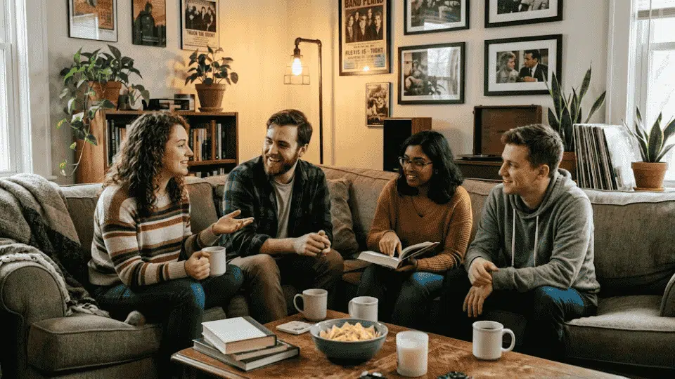 a goup of friends talking about some interesting topic and debating in a friendly manner