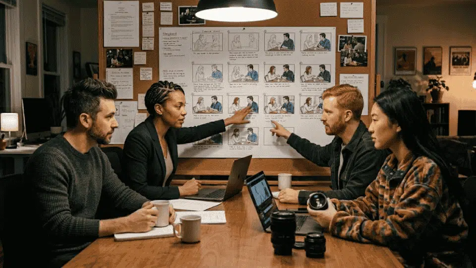 a group of film-makers discussing something interesting and thought provoking in a studio