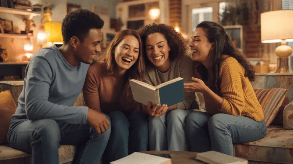 a group of friends discussing interesting topics to talk about in their room with a hand in hand in a cozy, friendly setting