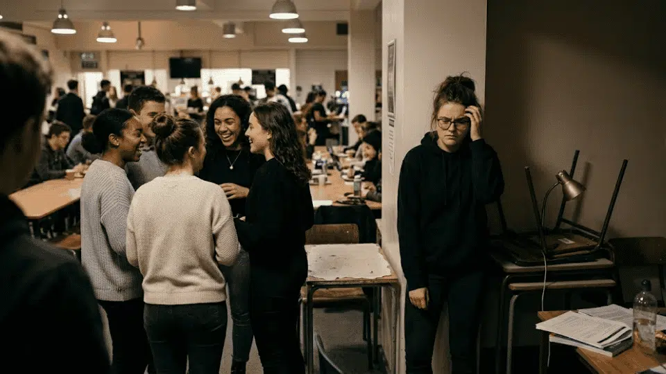 a person with a people pleasing behaviour feeling left out in a social gathering after not being included in groups
