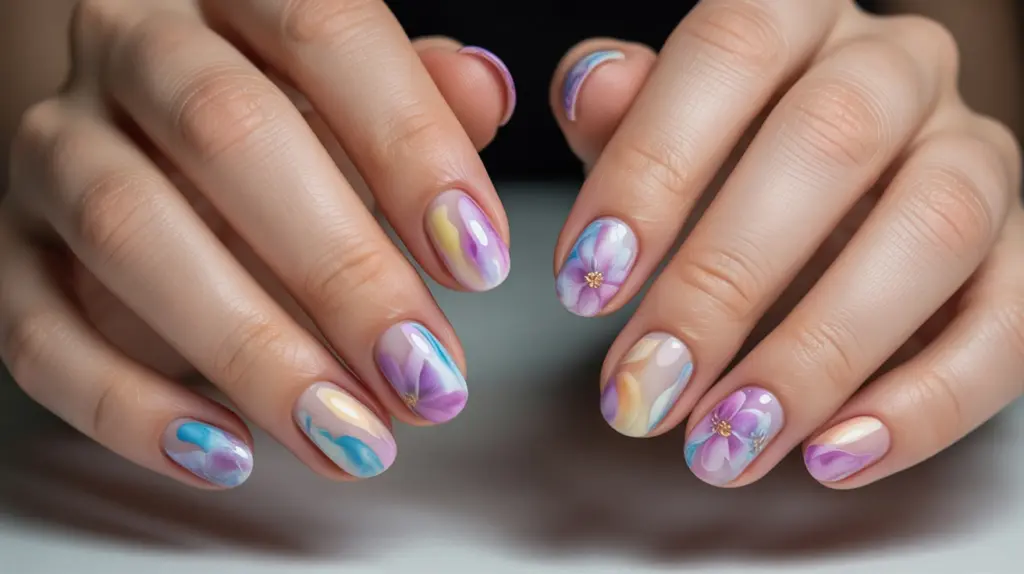artistic blooming gel nails showcasing soft watercolor and floral effects with smooth, flowing gradients