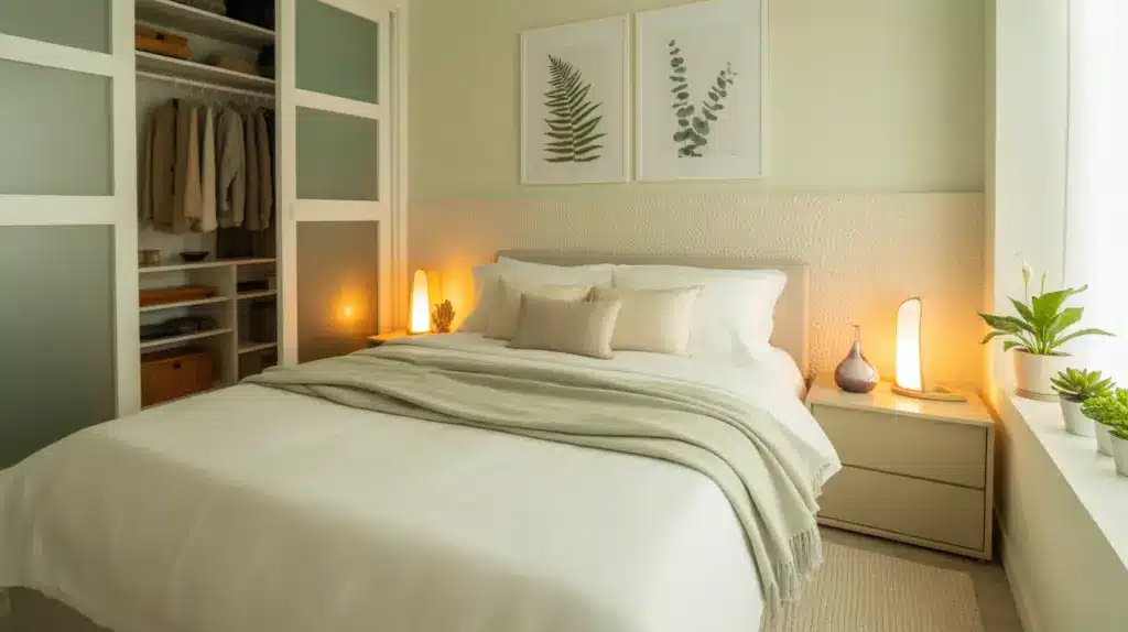 bedroom with balanced layout minimal clutter calming colors and soft lighting promoting restful energy and sleep